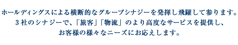 ホールディングスによる横断的なグループシナジーを発揮し飛躍して参ります。３社のシナジーで、「旅客」「物流」のより高度なサービスを提供し、お客様の様々なニーズにお応えします。